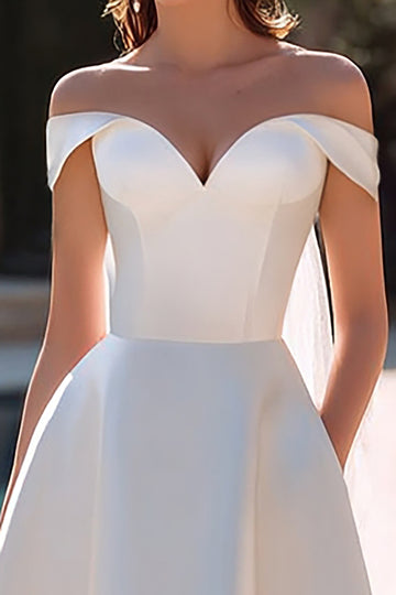 White A-Line Off The Shoulder Satin Bridal Shower Dress